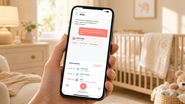 BabyChat app screen showing a filled timeline of saved bottle, diaper, and sleep logs